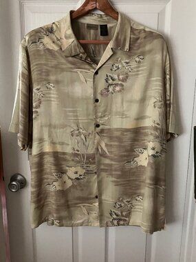 AXIST Silk Beige floral Hawaiian Aloha print Shirt slvs Button front Size 2XL